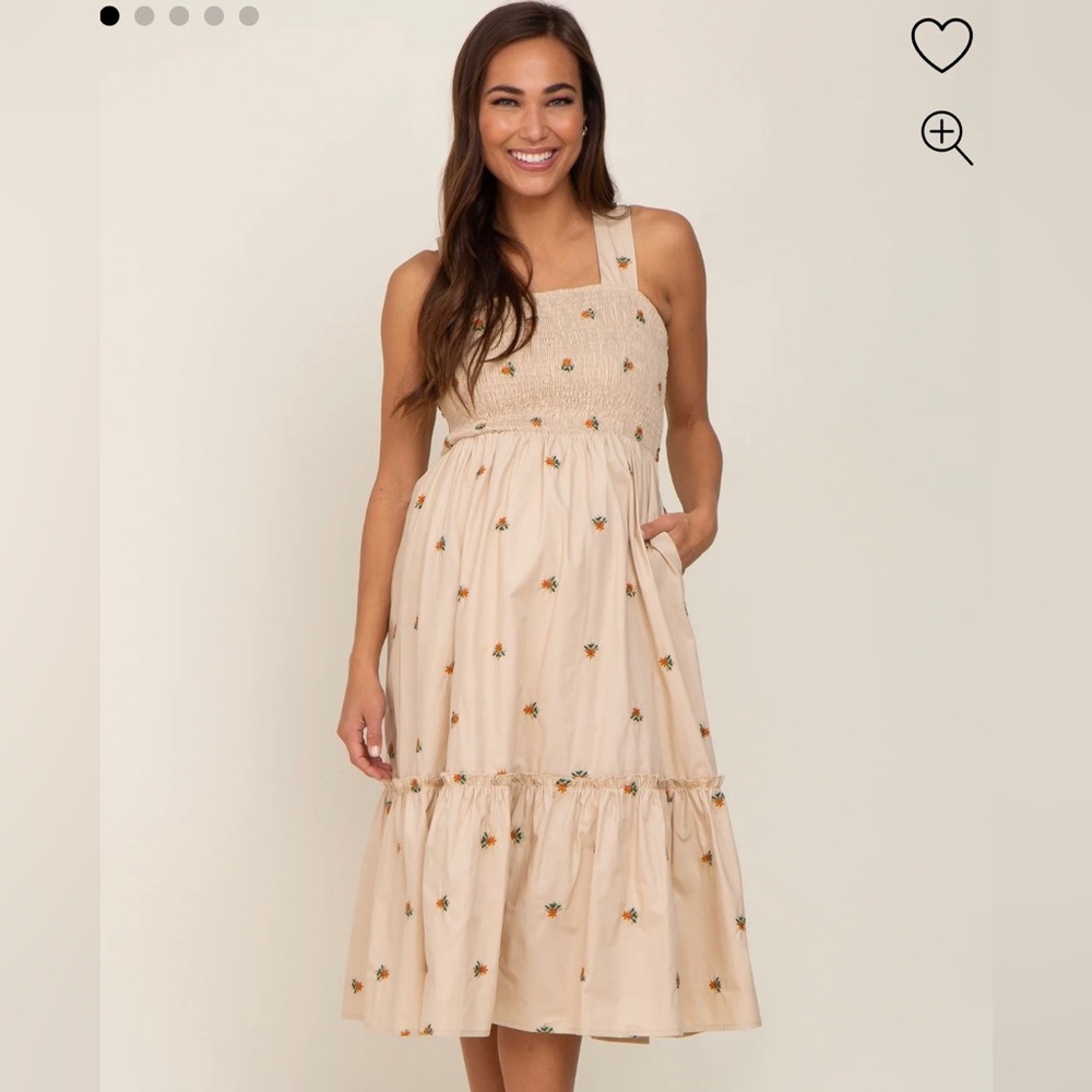 NEW Beige Midi Floral Embroidered Dress